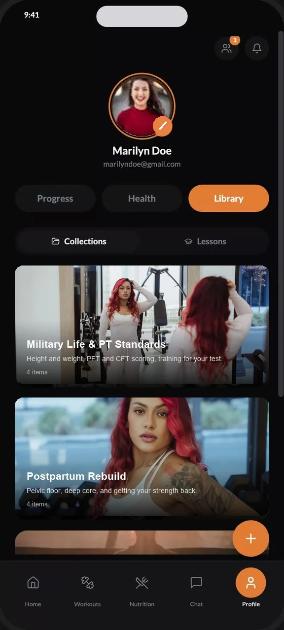 The app library, showing collections for military life and PT standards and for postpartum rebuild