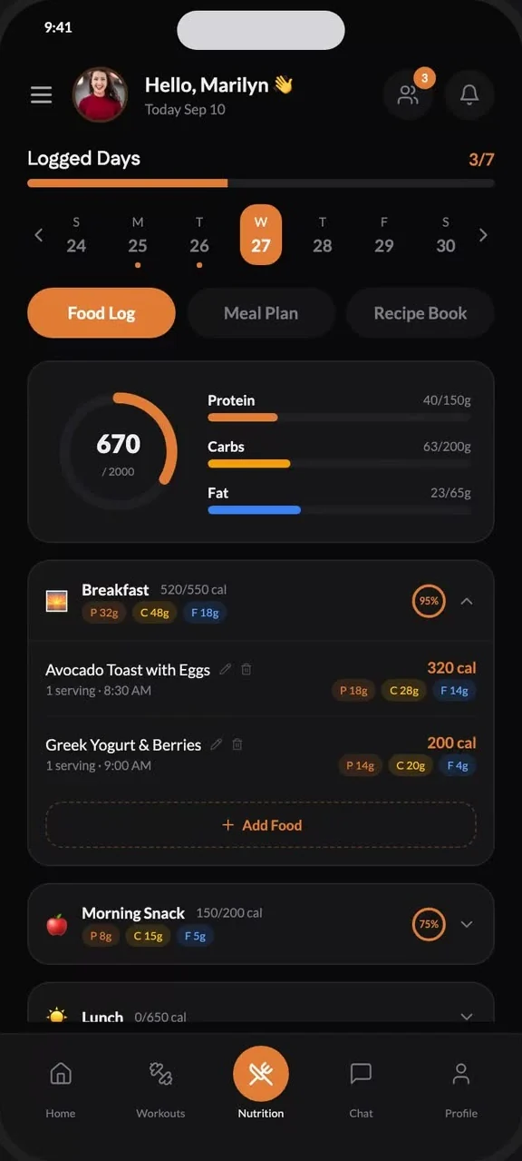 The app on the nutrition tab, showing a food log with calories and macros