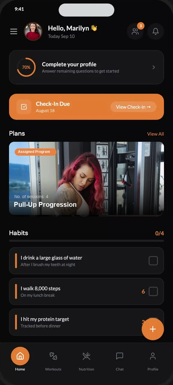 The app home screen: a check-in due, this week's assigned program, and the day's habits